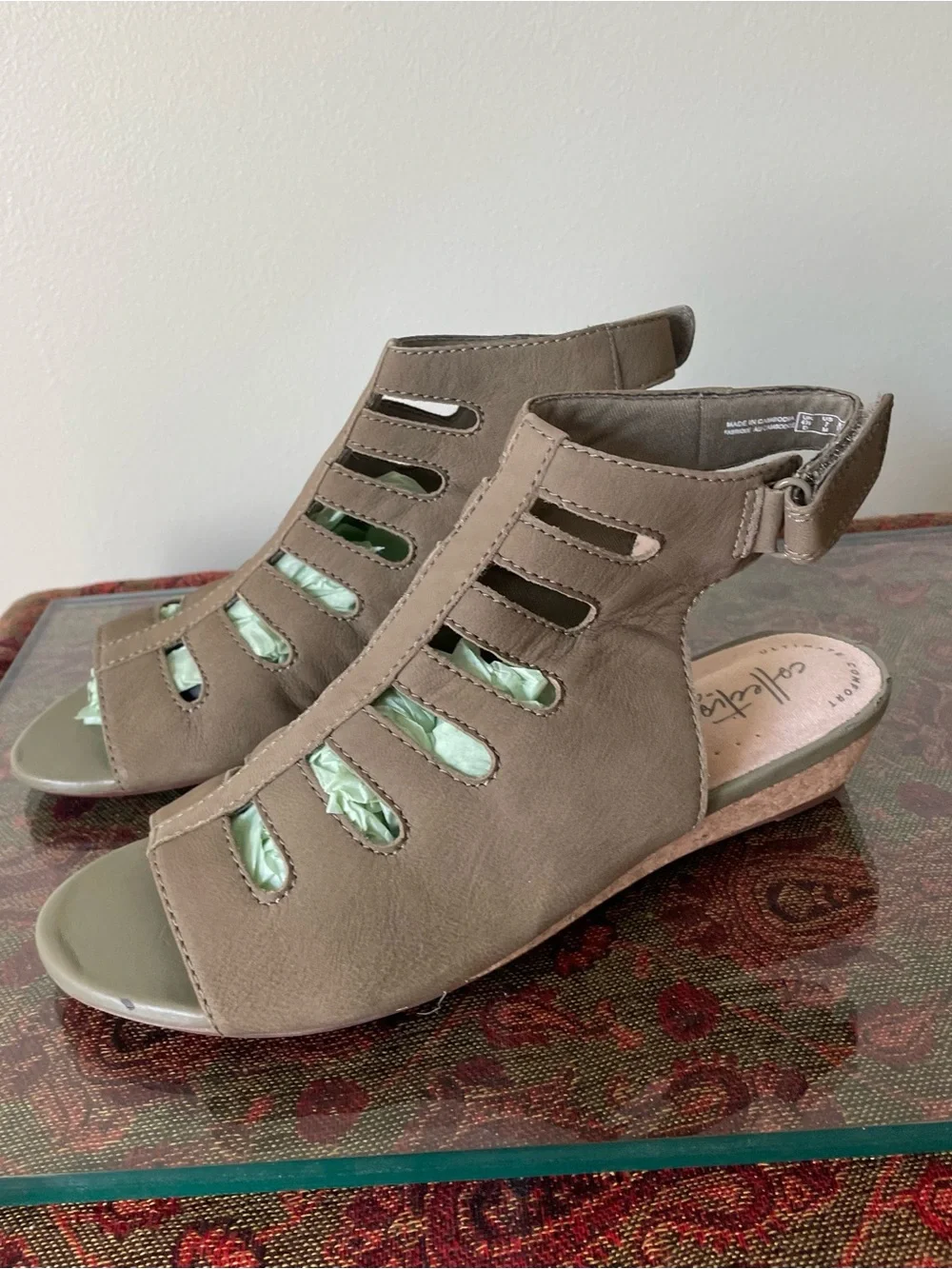 Clarks Olive-Taupe Cutout Wedge Sandals size 7 never worn